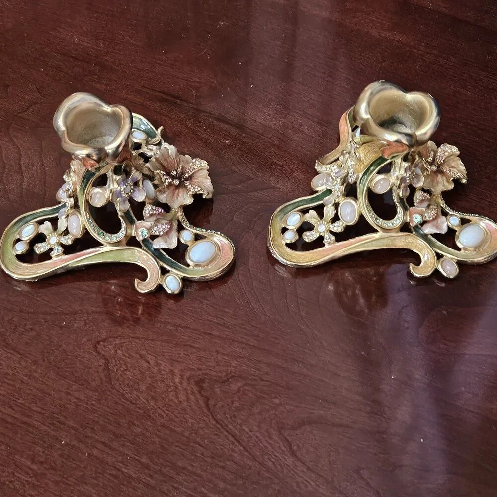 RARE 2 JAY STRONGWATER FLORA & FAUNA BLUSH ENAMEL CRYSTAL TAPER CANDLE HOLDER